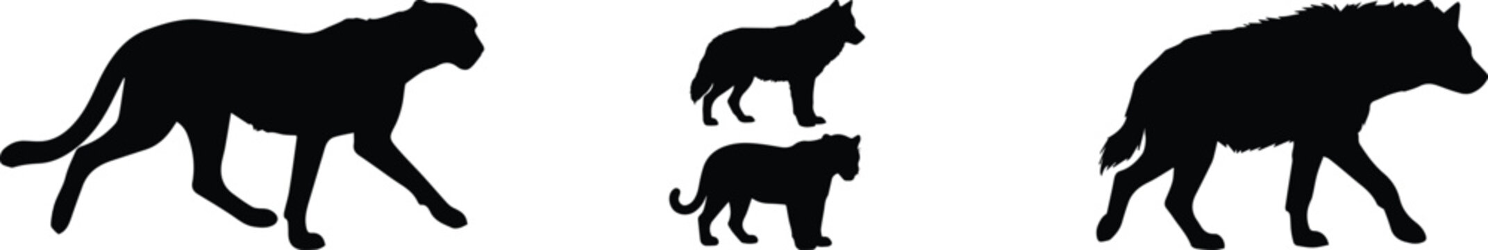 Wild predator animal silhouettes, black cheetah and hyena vector set, african safari carnivore icons, wildlife hunting mammals isolated PNG with Transparent Background