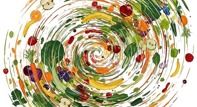 A colorful spiral pattern made of various vegetables and fruits