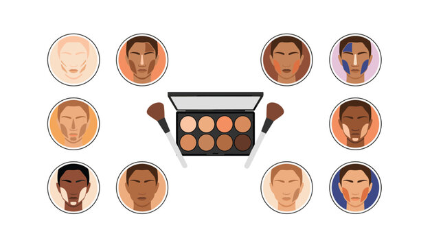 Professional face contouring and makeup map displaying various skin tones, highlight areas, and brush tools.