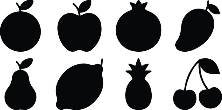 Minimalist fruit silhouette collection, set of 8 black fruit icons, organic food vector elements for grocery branding and healthy lifestyle design isolated PNG with Transparent Background