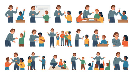 Fototapeta premium Diverse students learning from teacher in classroom, vector flat illustration