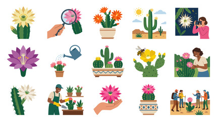 Fototapeta premium Flat Style Cactus Plant Illustrations with Flowers, Gardening, Nature