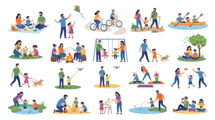 Naklejka premium Flat Style Vector Illustration of Families Enjoying Various Outdoor Activities Together