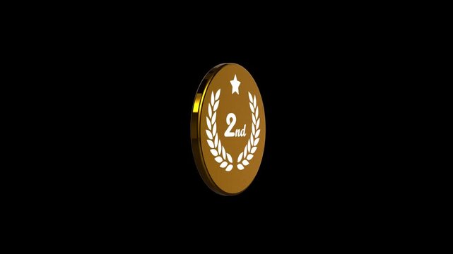Gold Second Place Award Medal Badge 3D Animation on Black Background