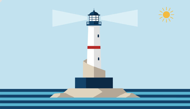 Tall classic lighthouse standing on a rocky island in the middle of a calm blue ocean under a bright shining sun.