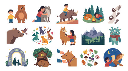 Obraz premium Flat Vector Illustration Collection of Children, Animals, and Nature: Friendship, Adventure, and Imagination Concepts