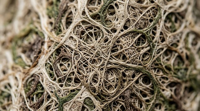 Intricate dry root tangle with green moss accents