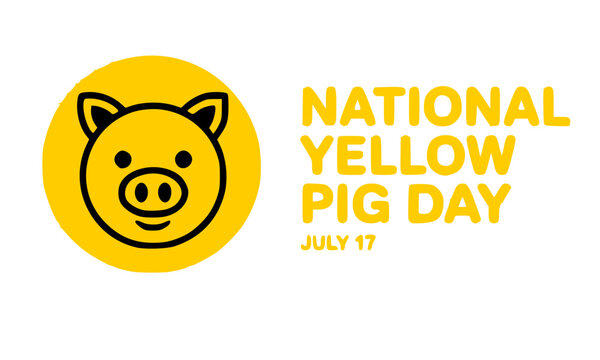 National Yellow Pig Day greeting card featuring a cute line art animal icon inside a bright circle celebrating the annual July 17 mathematics holiday vector graphic design.