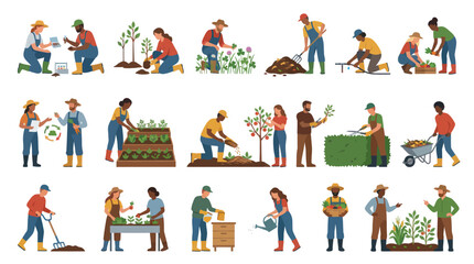 Fototapeta premium Modern Flat Illustration of Diverse People Gardening and Farming Activities, Agriculture and Horticulture Concept