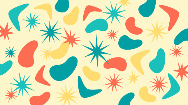 Retro Mid century Modern Seamless Pattern with Abstract Starbursts and Organic Shapes for Vintage Design Background