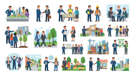Fototapeta premium Flat Style Business Construction Teamwork Vector Illustrations Set