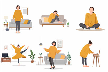 Fototapeta premium Flat vector illustration set of a young woman enjoying various activities at home, dancing, listening to music, and relaxing in a cozy interior.
