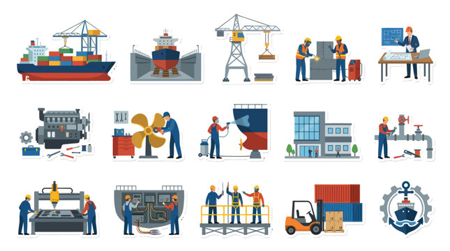 Maritime Industry Flat Vector Illustration Set with Shipbuilding, Shipping, Port Operations, and Workers