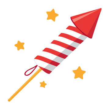 Red and white rocket firework with stars illustration