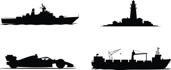 Obraz premium Transportation and Maritime Silhouette Collection Featuring Warship Lighthouse Racing Car and Cargo Vessel Designs