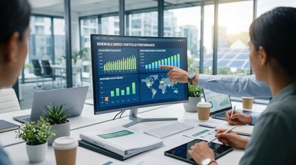 Naklejka na ściany i meble Renewable energy portfolio performance monitoring on screen, team analyzing solar and wind data in modern office with city view background for sustainable business planning.