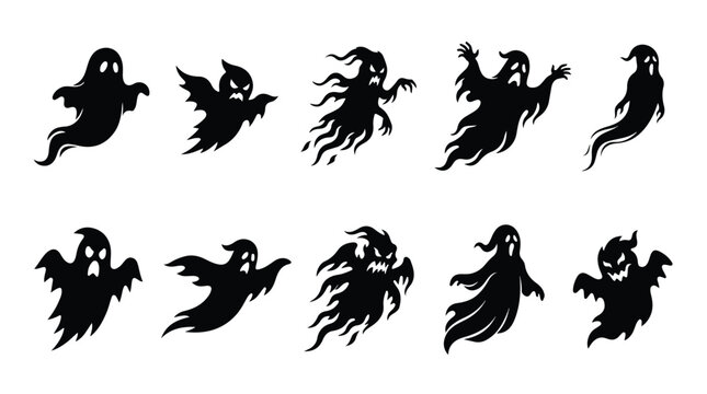 Spooky Halloween ghost silhouettes, set of 10 scary flying phantom icons, black spirit vector characters for holiday party invitations and decor