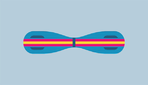 Blue waveboard caster board with colorful pink and yellow stripes shown from a top-down view on a soft grey background.