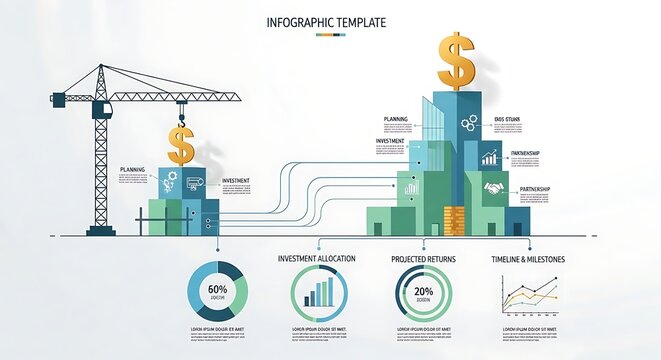 A colorful infographic template with a crane, bar graphs, and financial symbols