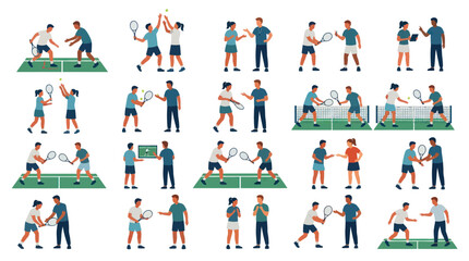 Fototapeta premium Racket Sports Flat Vector Illustration: Tennis, Badminton Players, Coaches, Training, Match, Activity Set.