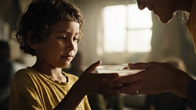 Young boy receives a meal from caring hands, symbolizing aid and support