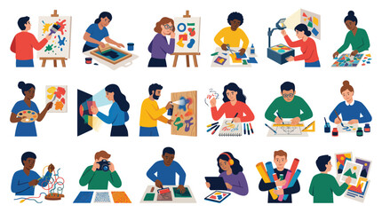 Fototapeta premium Flat Vector Lifestyle Illustration of People Engaged in Art Creative Hobbies