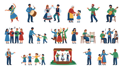Fototapeta premium Traditional Folk Culture and Arts Performance Vector Illustration Set