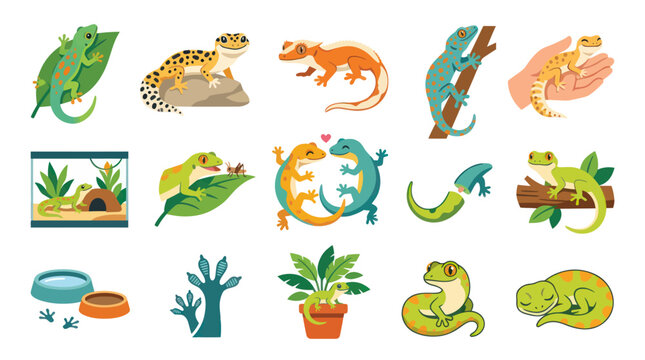 Cute Gecko Lizards Flat Vector Icons Set - Reptile Pets and Nature