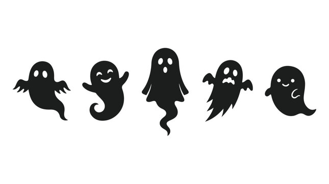 Halloween ghost silhouette collection, cute spooky spirit icons, black cartoon ghost vector set for holiday party decorations and invitations