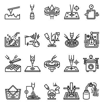 Nanotechnology fabrication and material science laboratory icons. Flat black outlines of professional atomic force microscopy and spin coating elements isolated on white background.