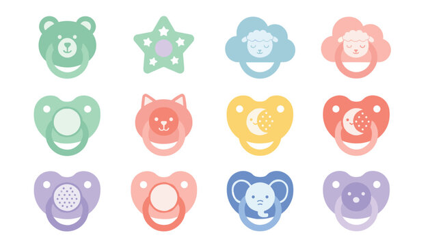 Adorable collection of colorful baby pacifiers features cute designs including animals, clouds, stars, and moons.