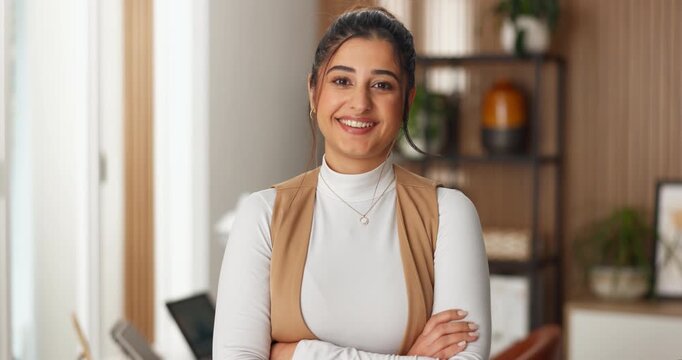 WFH, face or woman in home office with arms crossed, laughing or good mood as finance advisor. Portrait, smile or investment consultant with confidence, joke reaction or happy moment in remote work.