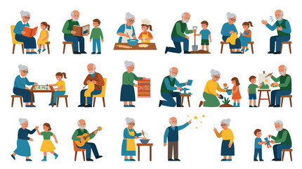 Fototapeta premium Flat Cartoon Illustrations of Grandparents and Grandchildren Engaged in Intergenerational Family Activities