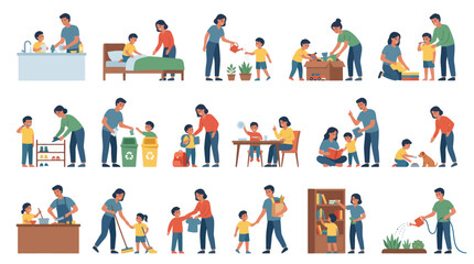 Fototapeta premium Happy Family Life Vector: Parents Teaching Children Chores and Activities Flat Art