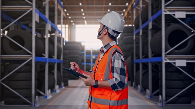 Side View Of Asian Male Engineer With Safety Helmet Taking Note On The Tablet And Looking Around While Standing at Tire Warehouse Interior with Industrial Shelving Racks