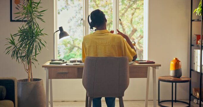 Call center, helpline and woman in home office with headset, advisory or crm service in remote work. WFH, back or consultant in house with mic, online inquiry or feedback in customer support.