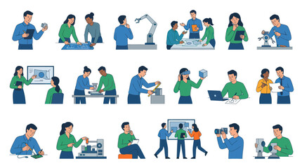 Fototapeta premium Engineering Technology Professionals with Robotics, VR, AI, and Product Development - Flat Vector Illustrations