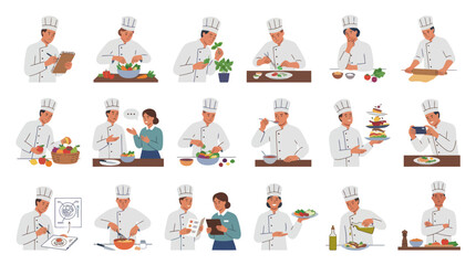 Fototapeta premium Flat Vector Illustration Set of Professional Chefs Cooking, Preparing Food, and Working in the Restaurant Industry