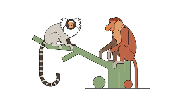 Two unique monkey species, a lemur-like marmoset and a proboscis monkey, sit facing each other on a green branch.
