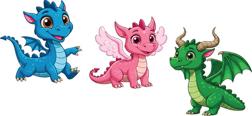 Cute cartoon dragon trio illustration, adorable blue dragon, pink dragon with wings, and green dragon with horns fantasy art © ZAHID CREATIVE