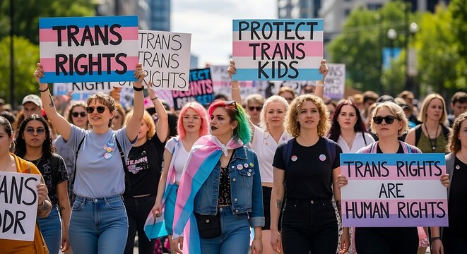A crowd of people marching with signs supporting transgender rights