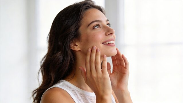 Beautiful young woman touching face with hands, smiling and looking up in bright room, natural skincare concept, healthy glowing skin texture