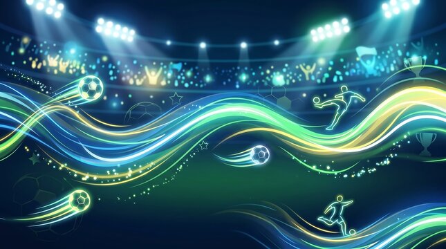 Dynamic soccer energy background featuring glowing colorful waves with player silhouettes in a bright stadium atmosphere for sports events