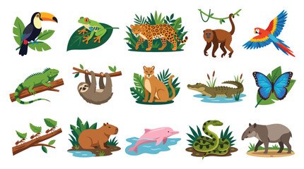 Fototapeta premium Amazon Rainforest Animals Flat Vector Illustration Set. Wildlife Fauna Collection for Nature Education