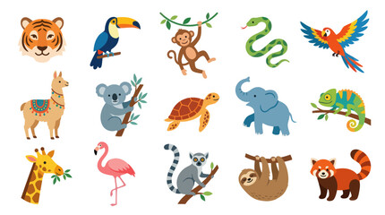 Fototapeta premium Diverse Cute Flat Vector Animals Set: Wild and Exotic Wildlife Collection for Kids Education