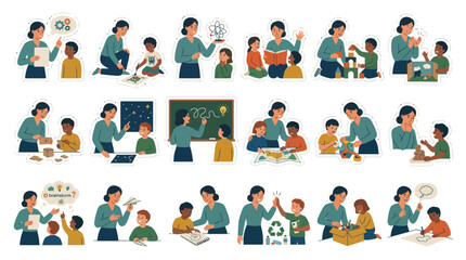 Fototapeta premium Diverse teachers educating children, learning, science, blocks, art, flat style vector