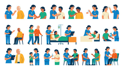Fototapeta premium Healthcare and Nursing Care Flat Vector Illustrations: Medical Professionals Assisting Patients, Elderly, and Children