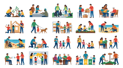 Fototapeta premium Diverse People Helping Community: Planting, Cleaning, Building, Recycling Flat Icons