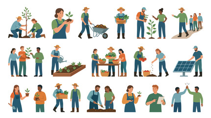 Fototapeta premium Flat Style Illustration of Farmers Working with Plants, Soil, and Solar Panel