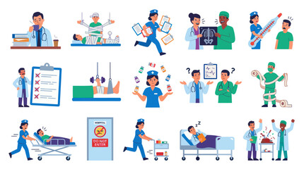 Fototapeta premium Flat Vector Healthcare Scenes: Doctors, Nurses, and Patients Medical Illustration Set